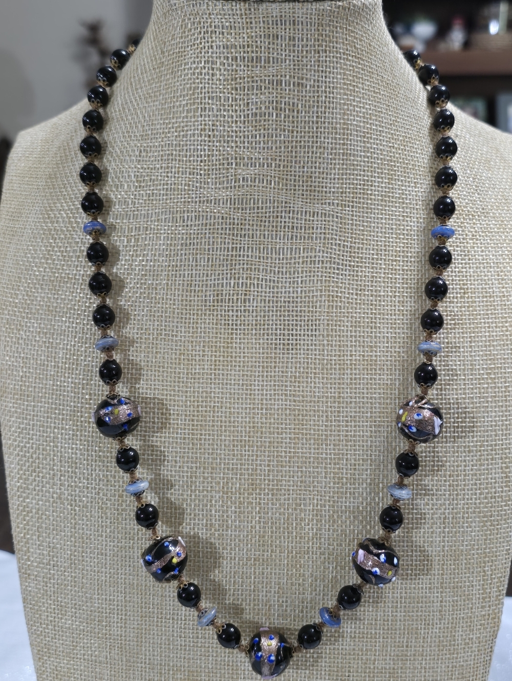 Vintage Murano Venetian Wedding Cake Black Beaded Art Glass Necklace